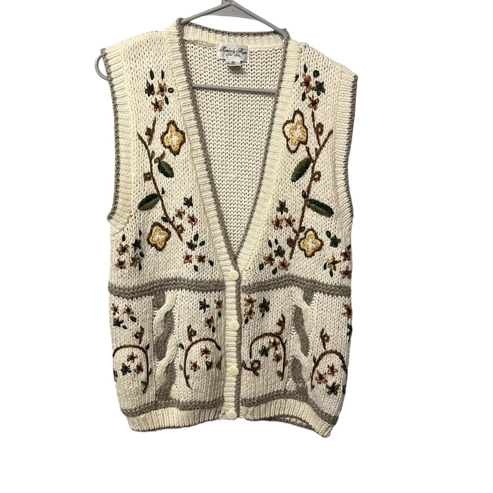 Kimberly Hope Vintage 90s Ramie Knit Embroidered Floral Sweater Vest‎ Womens M